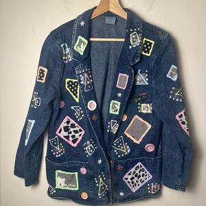 Vintage DEGUY Hand-Painted Denim Blazer Embellished Wearable Art Jacket - Small